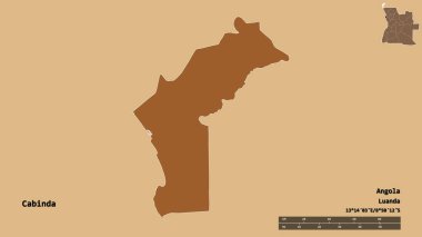 Cabinda 'nın şekli, Angola eyaleti, başkenti sağlam bir zemin üzerinde izole edilmiş. Uzaklık ölçeği, bölge önizlemesi ve etiketleri. Desenli dokuların bileşimi. 3B görüntüleme