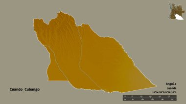 Angola 'nın başkenti Cuando Cubango' nun katı arka planda izole edilmiş hali. Uzaklık ölçeği, bölge önizlemesi ve etiketleri. Topografik yardım haritası. 3B görüntüleme