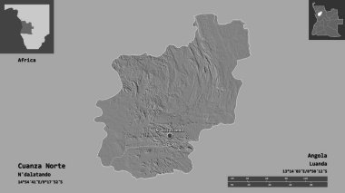 Cuanza Norte 'nin şekli, Angola vilayeti ve başkenti. Uzaklık ölçeği, ön gösterimler ve etiketler. Çift seviyeli yükseklik haritası. 3B görüntüleme