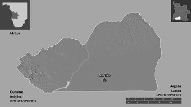 Cunene 'in şekli, Angola ili ve başkenti. Uzaklık ölçeği, ön gösterimler ve etiketler. Çift seviyeli yükseklik haritası. 3B görüntüleme