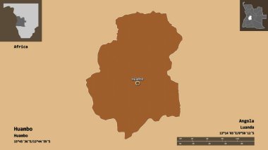 Huambo 'nun şekli, Angola vilayeti ve başkenti. Uzaklık ölçeği, ön gösterimler ve etiketler. Desenli dokuların bileşimi. 3B görüntüleme