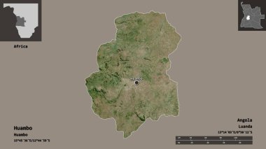 Huambo 'nun şekli, Angola vilayeti ve başkenti. Uzaklık ölçeği, ön gösterimler ve etiketler. Uydu görüntüleri. 3B görüntüleme