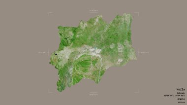 Huila bölgesi, Angola vilayeti, jeoreferatlı bir sınır kutusunda sağlam bir arka planda izole edilmiş. Etiketler. Uydu görüntüleri. 3B görüntüleme