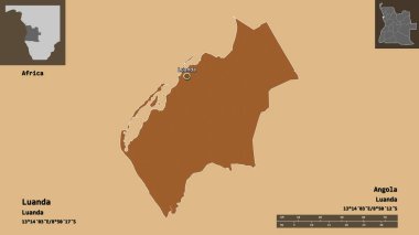 Luanda 'nın şekli, Angola vilayeti ve başkenti. Uzaklık ölçeği, ön gösterimler ve etiketler. Desenli dokuların bileşimi. 3B görüntüleme