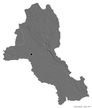 Angola 'nın Malanje eyaleti, başkenti beyaz arka planda izole edilmiştir. Çift seviyeli yükseklik haritası. 3B görüntüleme