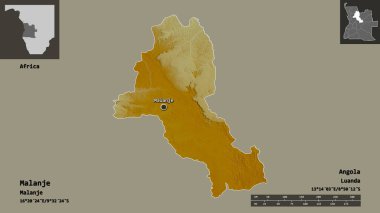 Malanje 'nin şekli, Angola ili ve başkenti. Uzaklık ölçeği, ön gösterimler ve etiketler. Topografik yardım haritası. 3B görüntüleme