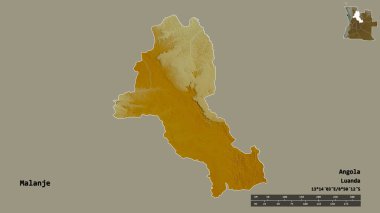 Angola 'nın Malanje eyaleti, başkenti sağlam bir zemin üzerinde izole edilmiştir. Uzaklık ölçeği, bölge önizlemesi ve etiketleri. Topografik yardım haritası. 3B görüntüleme
