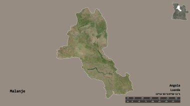 Angola 'nın Malanje eyaleti, başkenti sağlam bir zemin üzerinde izole edilmiştir. Uzaklık ölçeği, bölge önizlemesi ve etiketleri. Uydu görüntüleri. 3B görüntüleme