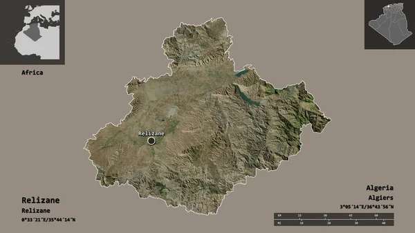 阿尔及利亚省Relizane的形状及其首都 距离刻度 预览和标签 卫星图像 3D渲染 — 图库照片