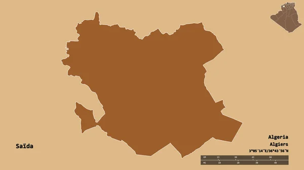 アルジェリアのサイダ州の形は その資本がしっかりとした背景に隔離されています 距離スケール リージョンプレビュー およびラベル パターン化されたテクスチャの構成 3Dレンダリング — ストック写真