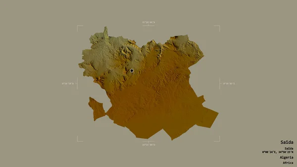 阿尔及利亚省赛伊达地区 以坚实的背景隔离在一个地理参考方块中 地形浮雕图 3D渲染 — 图库照片