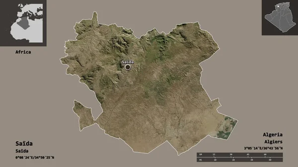 阿尔及利亚省赛伊达的形状及其首都 距离刻度 预览和标签 卫星图像 3D渲染 — 图库照片