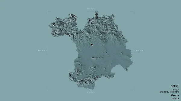 阿尔及利亚省Setif地区 在一个地理参考方块中 背景坚实 与世隔绝 彩色高程图 3D渲染 — 图库照片