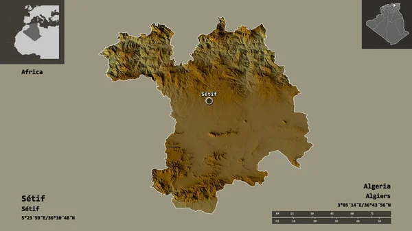阿尔及利亚省塞蒂夫的形状及其首都 距离刻度 预览和标签 地形浮雕图 3D渲染 — 图库照片