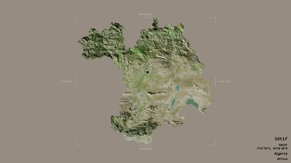 アルジェリアのセティフ州の地域は 洗練された境界ボックス内の強固な背景に隔離されています ラベル 衛星画像 3Dレンダリング — ストック写真