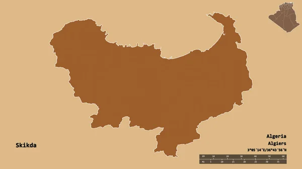 Form Skikda Provinsen Algeriet Med Huvudstaden Isolerad Solid Bakgrund Avståndsskala — Stockfoto