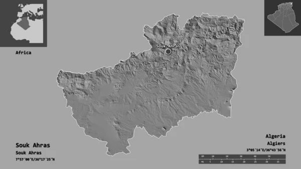 阿尔及利亚省Souk Ahras的形状及其首都 距离刻度 预览和标签 Bilevel高程图 3D渲染 — 图库照片