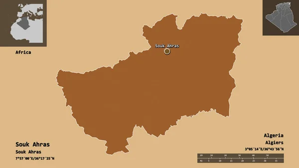 アルジェリアの州であるスーク アフラスとその首都の形 距離スケール プレビューおよびラベル パターン化されたテクスチャの構成 3Dレンダリング — ストック写真