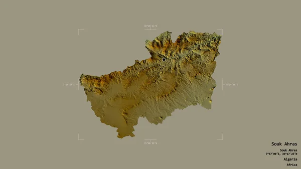 アルジェリアの州であるSouk Ahrasの地域は 洗練された境界ボックス内のしっかりとした背景に隔離されています ラベル 地形図 3Dレンダリング — ストック写真