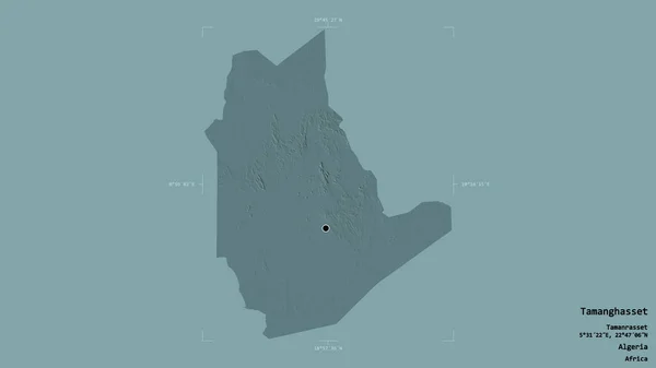 阿尔及利亚省塔曼哈塞特地区 在一个地理参照框的坚实背景上被隔离 彩色高程图 3D渲染 — 图库照片
