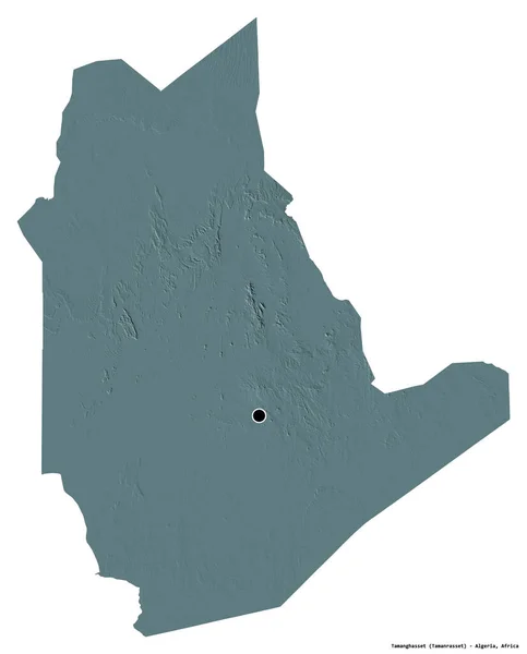 阿尔及利亚塔曼哈塞特省的形状 其首都被白色背景隔离 彩色高程图 3D渲染 — 图库照片
