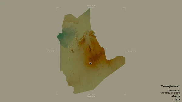 阿尔及利亚省塔曼哈塞特地区 在一个地理参照框的坚实背景上被隔离 地形浮雕图 3D渲染 — 图库照片