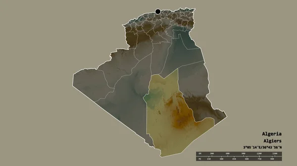 主要な地域部門と分離したタマンガセット地域とアルジェリアの荒廃した形 ラベル 地形図 3Dレンダリング — ストック写真