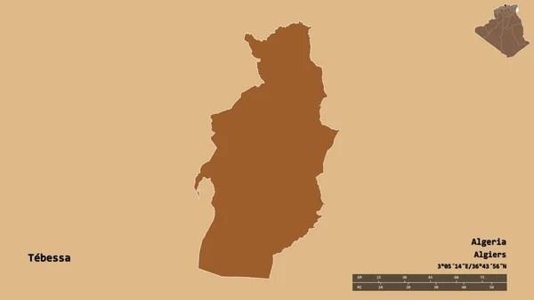 アルジェリアのテベッサ州の形で その首都はしっかりとした背景に隔離されています 距離スケール リージョンプレビュー およびラベル パターン化されたテクスチャの構成 3Dレンダリング — ストック写真