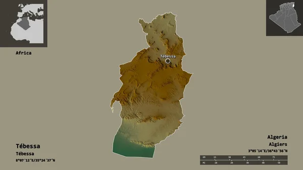 阿尔及利亚泰贝萨省的形状及其首都 距离刻度 预览和标签 地形浮雕图 3D渲染 — 图库照片