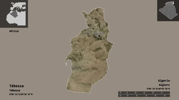 阿尔及利亚泰贝萨省的形状及其首都 距离刻度 预览和标签 卫星图像 3D渲染 — 图库照片