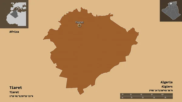 アルジェリアのティアレット県とその首都の形 距離スケール プレビューおよびラベル パターン化されたテクスチャの構成 3Dレンダリング — ストック写真