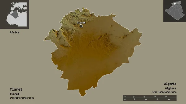 阿尔及利亚省提亚雷特的形状及其首都 距离刻度 预览和标签 地形浮雕图 3D渲染 — 图库照片