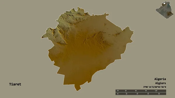 阿尔及利亚省提亚雷特的形状 其首都在坚实的背景下与世隔绝 距离尺度 区域预览和标签 地形浮雕图 3D渲染 — 图库照片