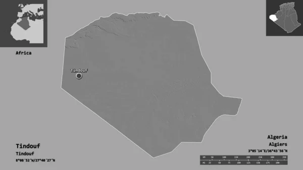 Formen Tindouf Provinsen Algeriet Och Dess Huvudstad Avståndsskala Förhandsvisningar Och — Stockfoto