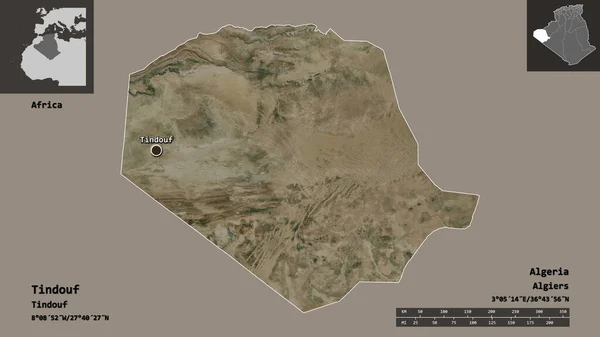 阿尔及利亚省廷杜夫的形状及其首都 距离刻度 预览和标签 卫星图像 3D渲染 — 图库照片