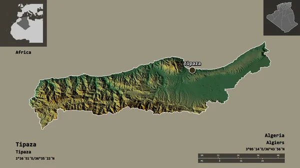 ティパザの形 アルジェリアの州 およびその首都 距離スケール プレビューおよびラベル 地形図 3Dレンダリング — ストック写真