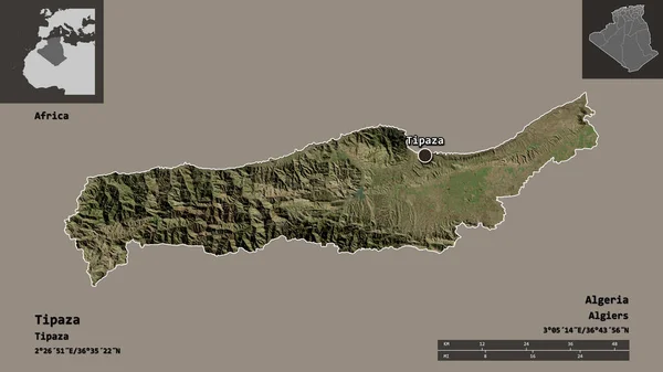 ティパザの形 アルジェリアの州 およびその首都 距離スケール プレビューおよびラベル 衛星画像 3Dレンダリング — ストック写真