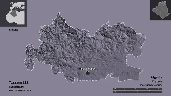 Forme Tissemsilt Province Algérie Capitale Échelle Distance Aperçus Étiquettes Carte — Photo