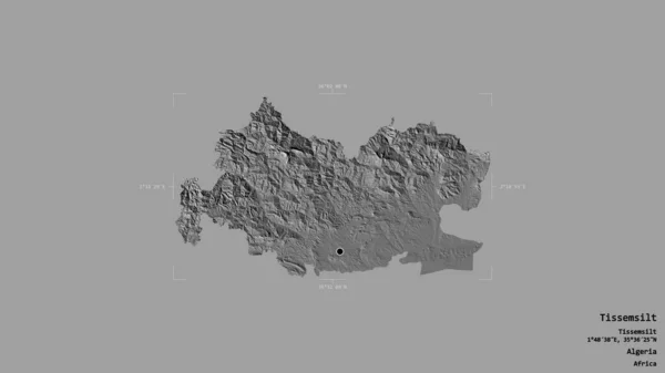 阿尔及利亚省Tissemsilt地区 在一个地理参照框的坚实背景上被隔离 Bilevel高程图 3D渲染 — 图库照片