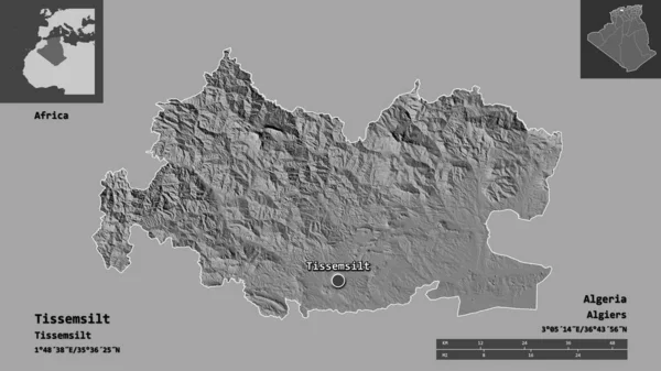 アルジェリアのティッセムシルト州とその首都の形 距離スケール プレビューおよびラベル 標高マップ 3Dレンダリング — ストック写真