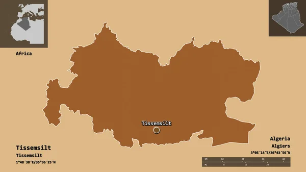 Tissemsilt形状 阿尔及利亚省 及其首都 距离刻度 预览和标签 图形纹理的组成 3D渲染 — 图库照片