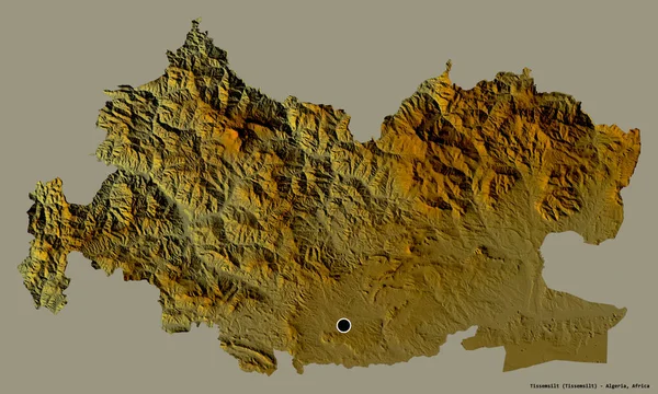 阿尔及利亚Tissemsilt的形状 其首都以纯色背景隔离 地形浮雕图 3D渲染 — 图库照片