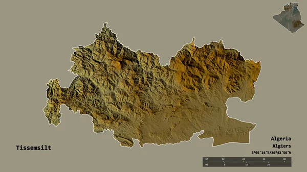 Tissemsilt形状 阿尔及利亚省 其首都孤立的坚实背景 距离尺度 区域预览和标签 地形浮雕图 3D渲染 — 图库照片