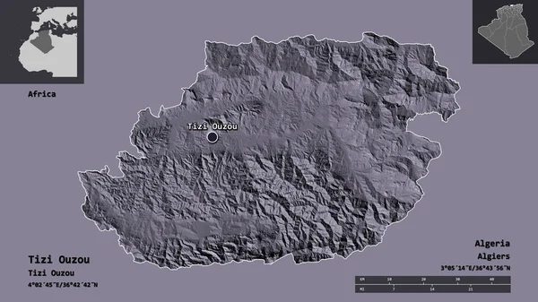アルジェリアの州であるTizi Ouzouとその首都の形 距離スケール プレビューおよびラベル 色の標高マップ 3Dレンダリング — ストック写真