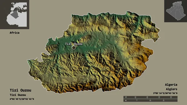 阿尔及利亚Tizi Ouzou的形状及其首都 距离刻度 预览和标签 地形浮雕图 3D渲染 — 图库照片
