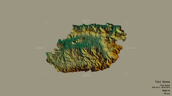 阿尔及利亚省Tizi Ouzou地区 在一个地理参照框的坚实背景下被隔离 地形浮雕图 3D渲染 — 图库照片