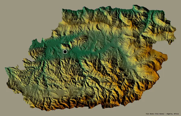 アルジェリアの州 Tizi Ouzouの形状は その首都をしっかりとした色の背景に隔離されています 地形図 3Dレンダリング — ストック写真