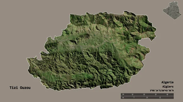 Tizi Ouzou形状 阿尔及利亚省 其首都在坚实的背景下与世隔绝 距离尺度 区域预览和标签 卫星图像 3D渲染 — 图库照片