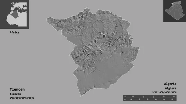 タンクレンの形 アルジェリアの州 およびその首都 距離スケール プレビューおよびラベル 標高マップ 3Dレンダリング — ストック写真
