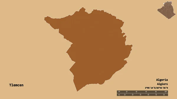 アルジェリアのトレムセン州の形で その首都はしっかりとした背景に隔離されています 距離スケール リージョンプレビュー およびラベル パターン化されたテクスチャの構成 3Dレンダリング — ストック写真